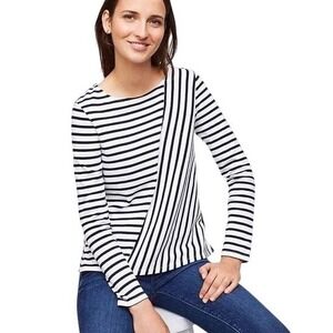LOFT Black White Striped Long Sleeve Top Mixed Stripe Asymmetrical Preppy Size L